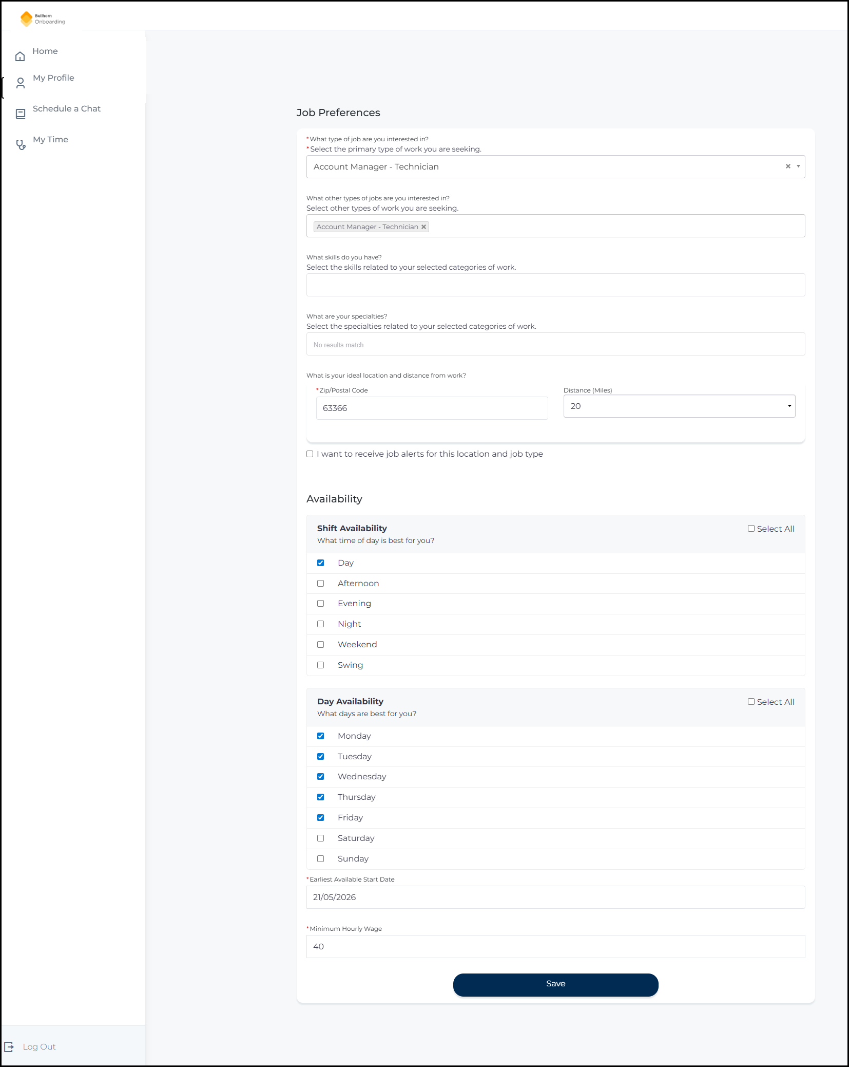 The old Job Preferences page showing job type, skills, specialty, location, and an Availability section with shift and day availability checkboxes, in the previous visual style.
